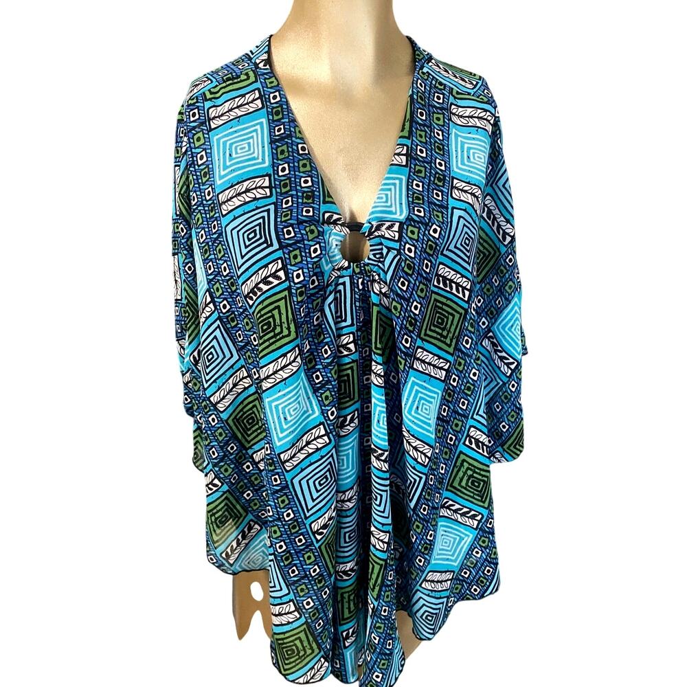 Dressbarn Woman L Geometric Print Ring Accent Poncho Layer Tank Top Blue Green